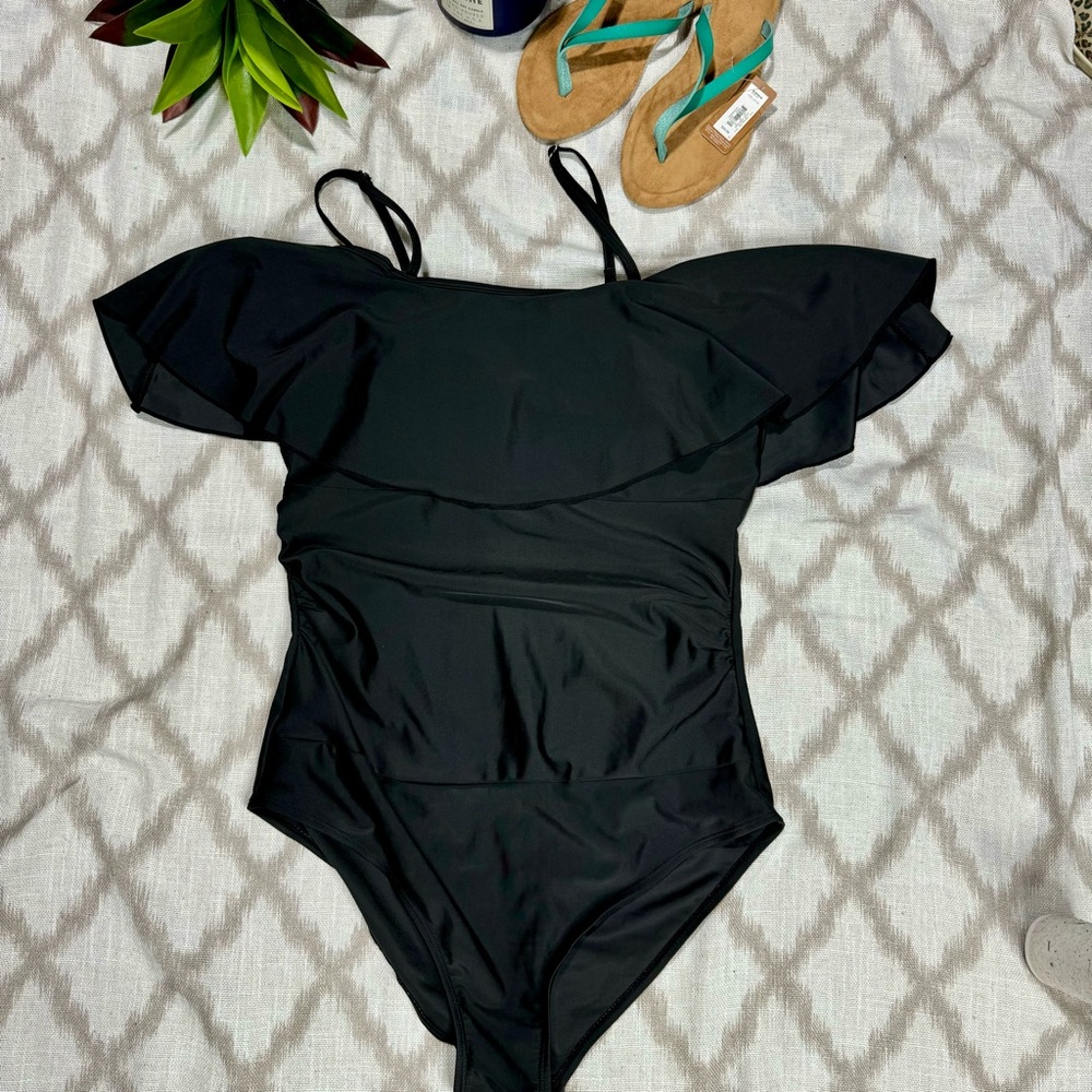 Flattering Black Off-Shoulder Ruffle Swimsuit Ruched Tummy Control One-Piece - Picture 2 of 10